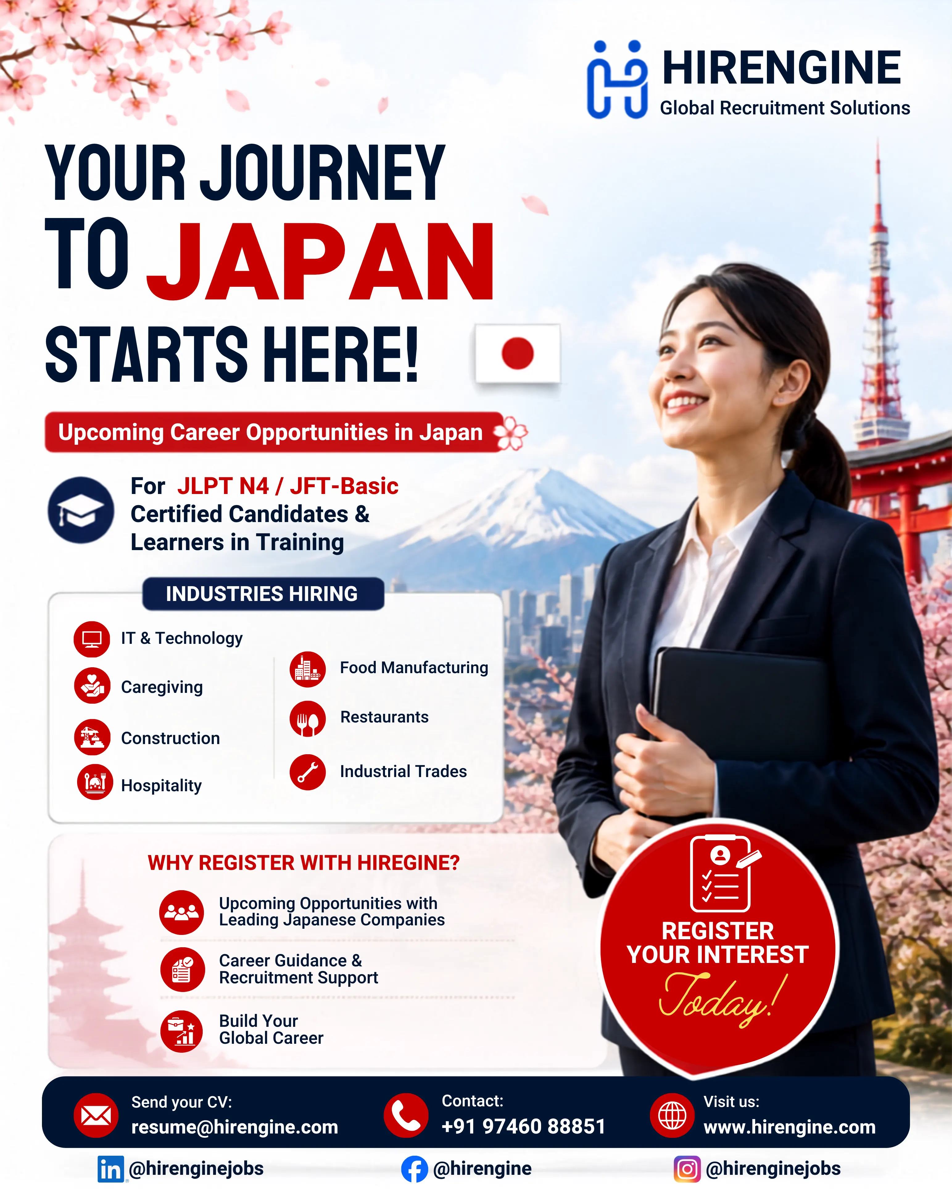 HIRENGINE recruitment poster inviting JLPT N4 and JFT-Basic certified candidates and Japanese language learners to register for upcoming job opportunities in Japan across IT, caregiving, construction, hospitality, food manufacturing, restaurants, and industrial trades.
