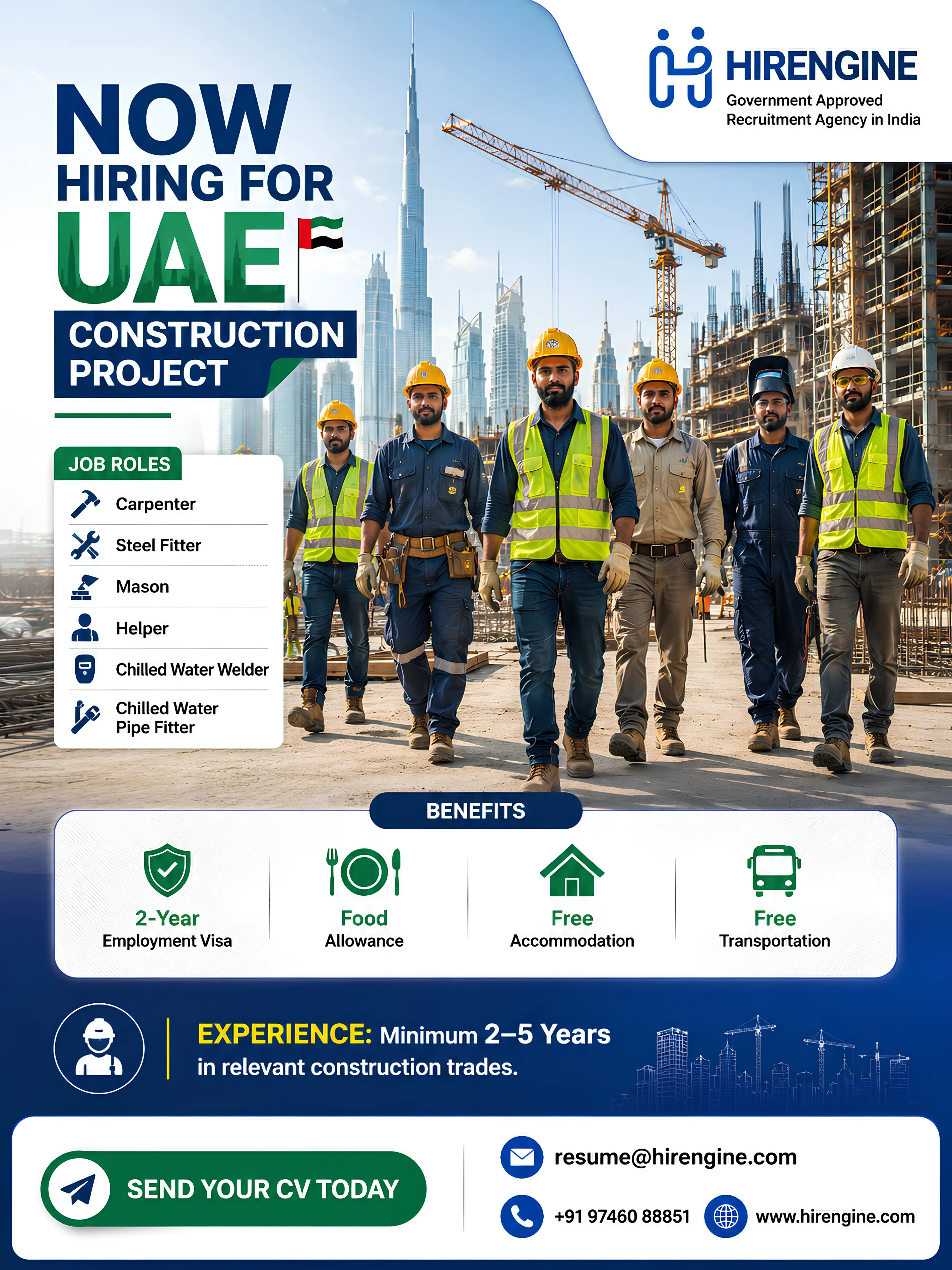 HIRENGINE recruitment poster for UAE construction jobs hiring carpenters, steel fitters, masons, helpers, chilled water welders and pipe fitters with employment visa, accommodation, transportation and food allowance.t
